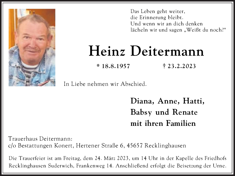  Traueranzeige für Heinz Deitermann vom 18.03.2023 aus Medienhaus Bauer
