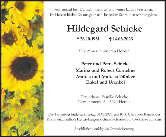 Traueranzeige von Hildegard Schick