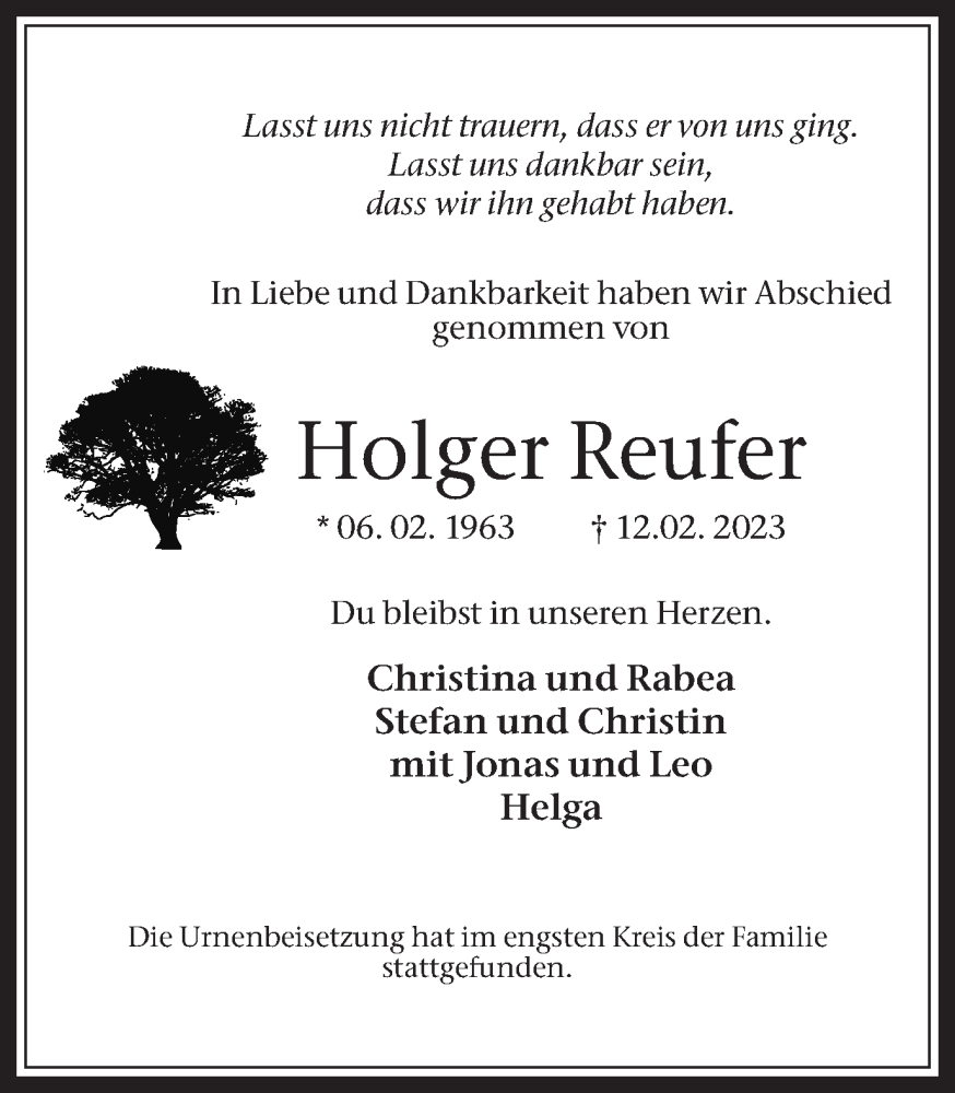  Traueranzeige für Holger Reufer vom 11.03.2023 aus Medienhaus Bauer
