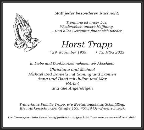 Traueranzeige von Horst Trapp