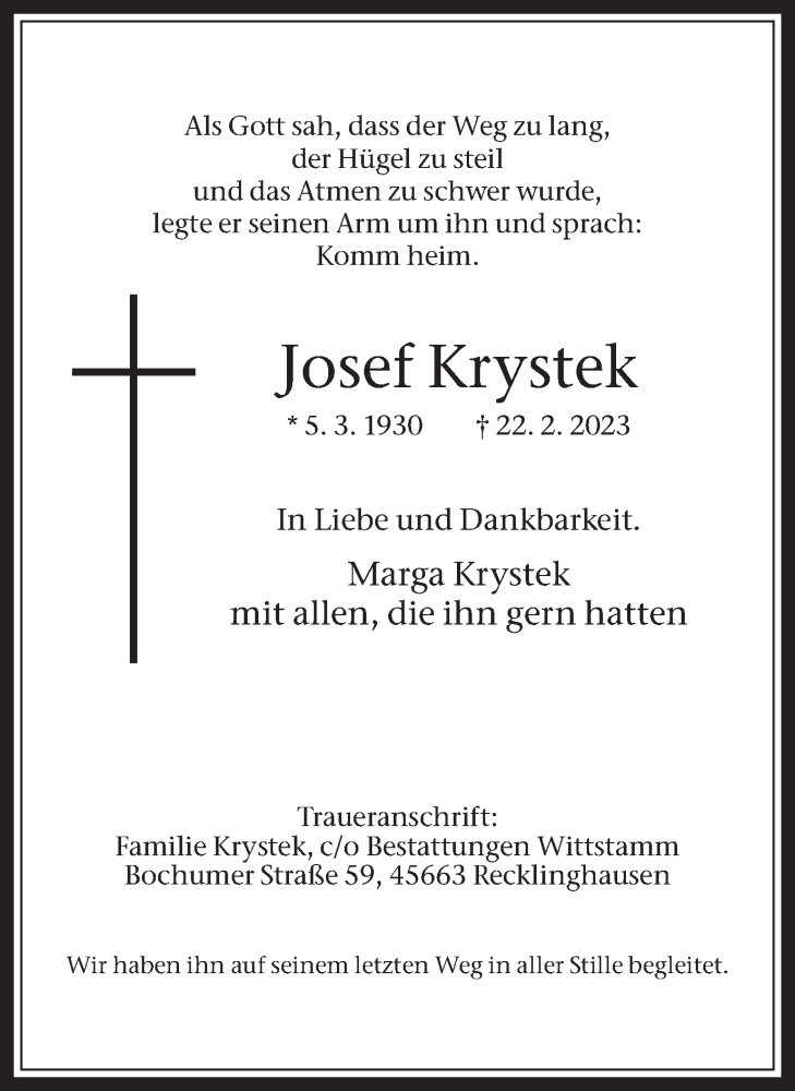  Traueranzeige für Josef Krystek vom 20.03.2023 aus Medienhaus Bauer
