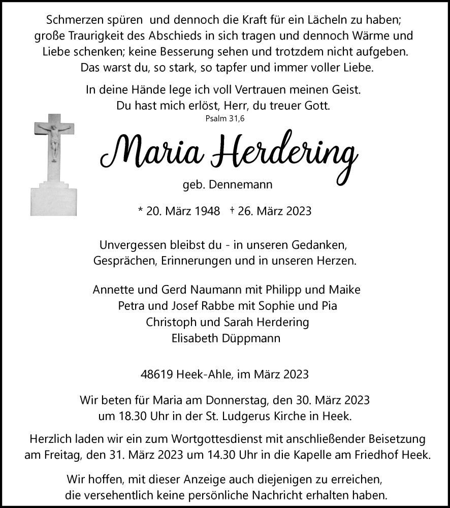  Traueranzeige für Maria Herdering vom 29.03.2023 aus Münstersche Zeitung und Münsterland Zeitung