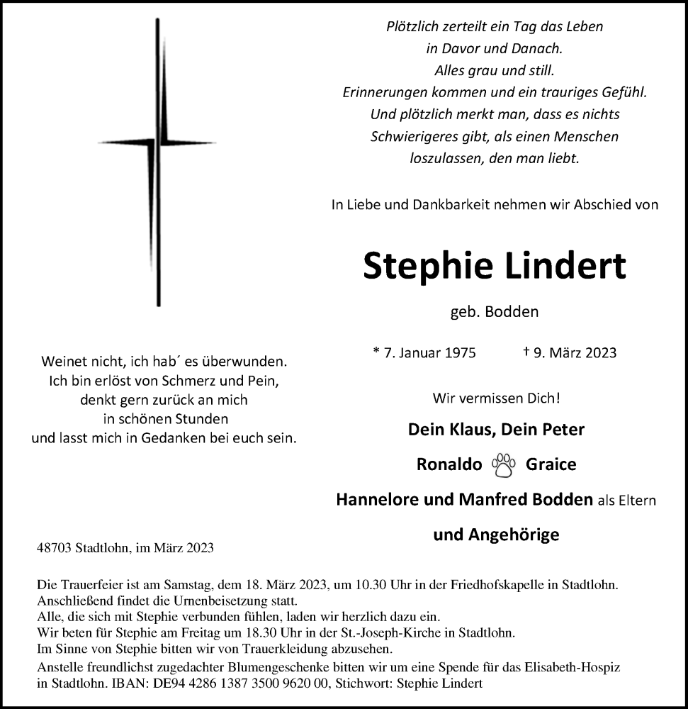  Traueranzeige für Stephie Lindert vom 15.03.2023 aus Münstersche Zeitung und Münsterland Zeitung