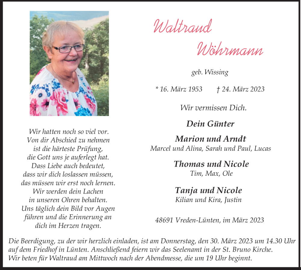  Traueranzeige für Waltraud Wöhrmann vom 27.03.2023 aus Münstersche Zeitung und Münsterland Zeitung