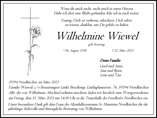 Traueranzeige von Wilhelmine Wiewel
