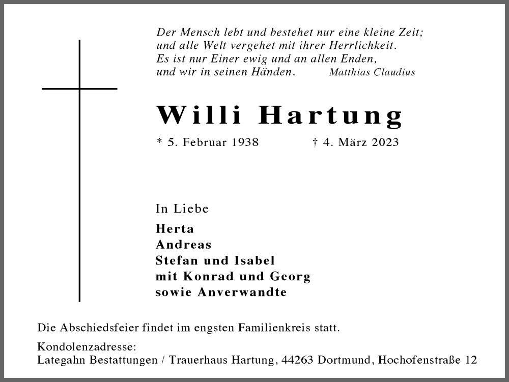  Traueranzeige für Willi Hartung vom 11.03.2023 aus 