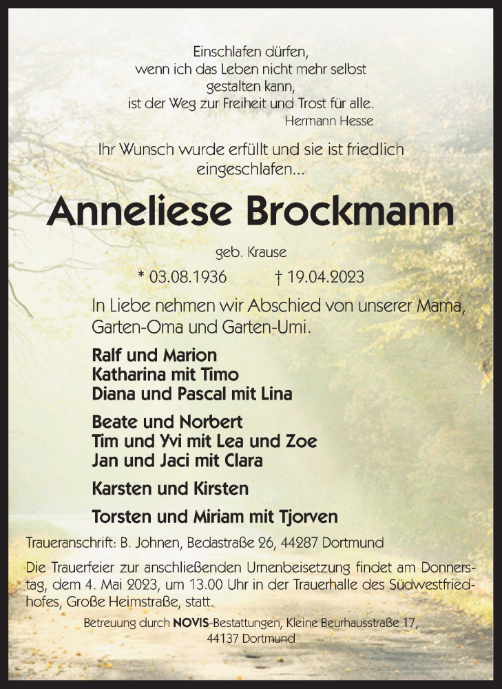 Traueranzeigen Von Anneliese Brockmann Sich Erinnern De