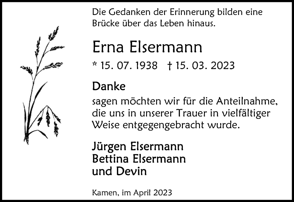 Traueranzeigen Von Erna Elsermann Sich Erinnern De