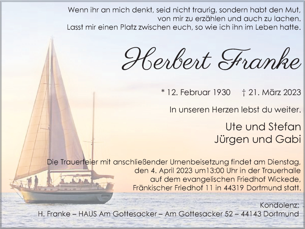 Traueranzeigen Von Herbert Franke Sich Erinnern De