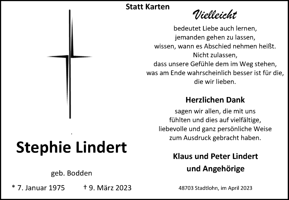  Traueranzeige für Stephie Lindert vom 22.04.2023 aus Münstersche Zeitung und Münsterland Zeitung