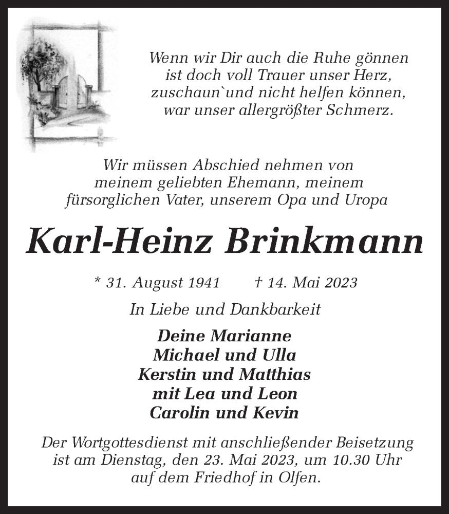 Traueranzeigen Von Karl Heinz Brinkmann Sich Erinnern De