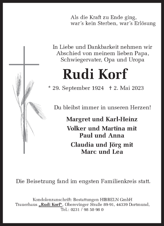 Traueranzeigen Von Rudi Korf Sich Erinnern De