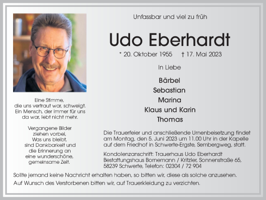 Traueranzeigen Von Udo Eberhardt Sich Erinnern De