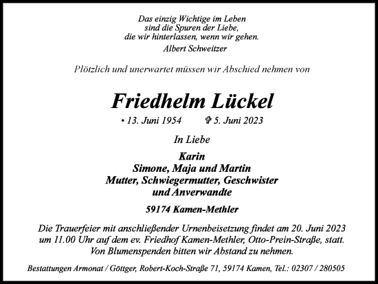 Traueranzeigen Von Friedhelm L Ckel Sich Erinnern De