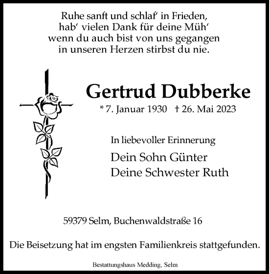 Traueranzeigen Von Gertrud Dubberke Sich Erinnern De