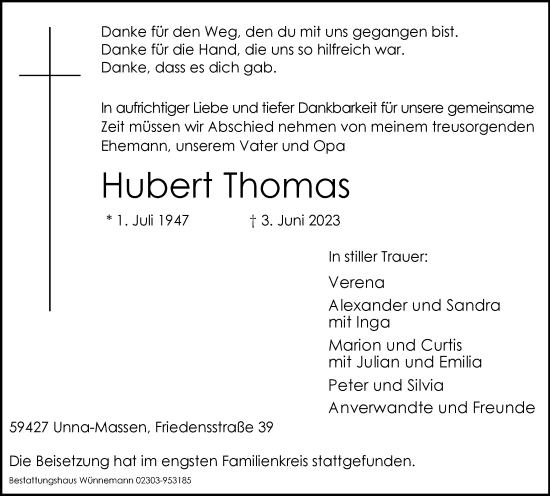 Traueranzeigen Von Hubert Thomas Sich Erinnern De