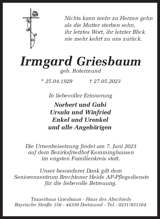 Traueranzeigen Von Irmgard Griesbaum Sich Erinnern De