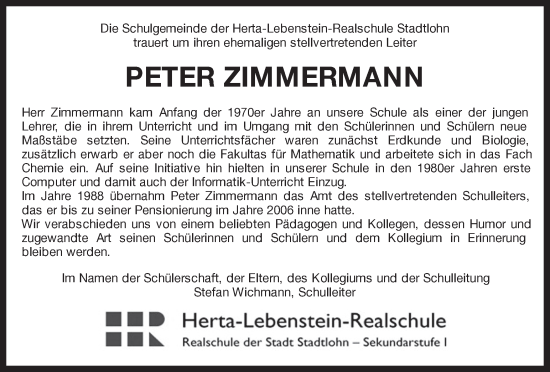 Traueranzeige von Peter Zimmermann von Münstersche Zeitung und Münsterland Zeitung