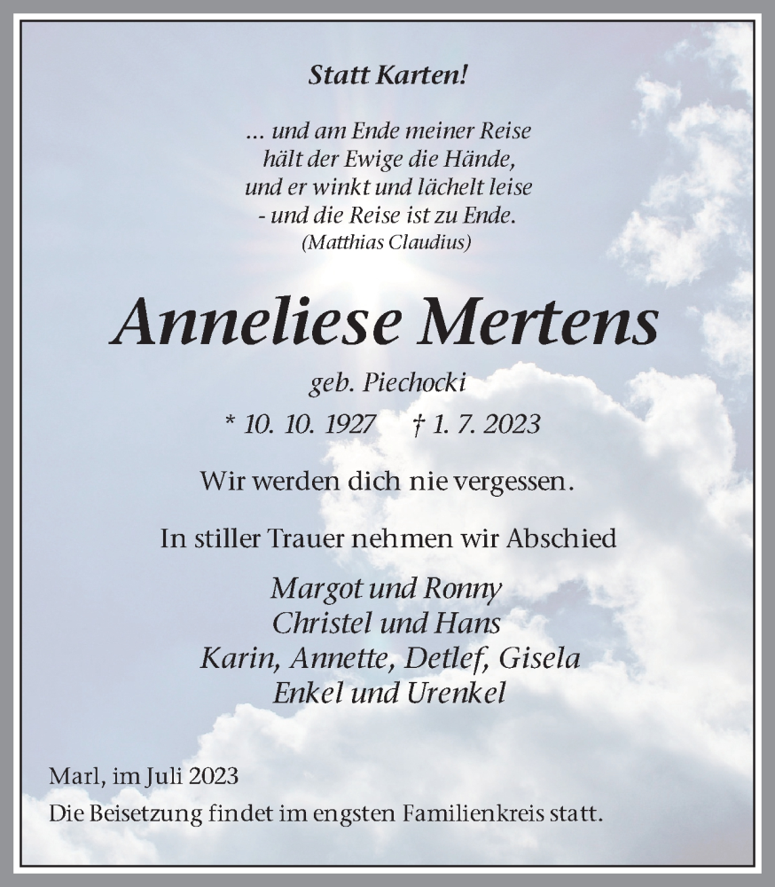 Traueranzeigen Von Anneliese Mertens Sich Erinnern De