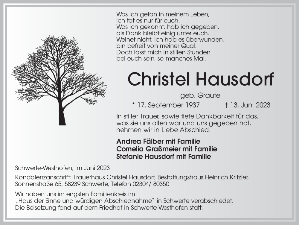 Traueranzeigen Von Christel Hausdorf Sich Erinnern De