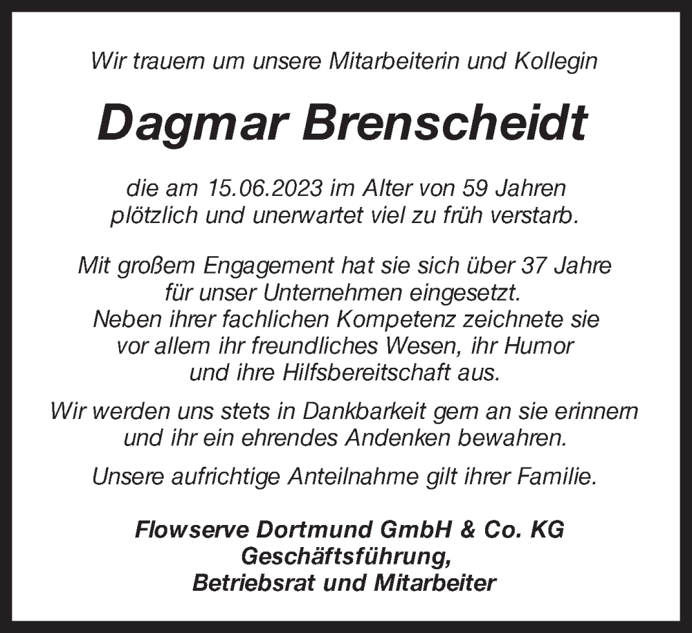 Traueranzeigen Von Dagmar Brenscheidt Sich Erinnern De