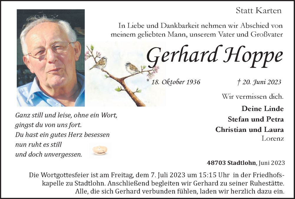 Traueranzeigen Von Gerhard Hoppe Sich Erinnern De