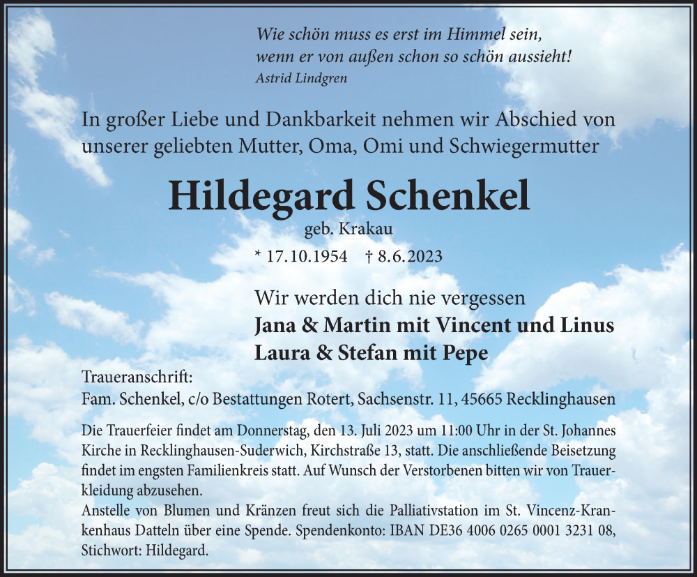 Traueranzeigen Von Hildegard Schenkel Sich Erinnern De