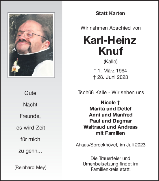 Traueranzeigen Von Karl Heinz Knuf Sich Erinnern De