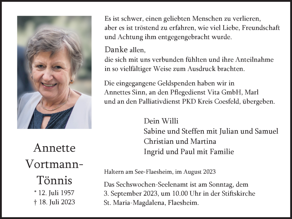 Traueranzeigen von Annette Vortmann Tönnis sich erinnern de