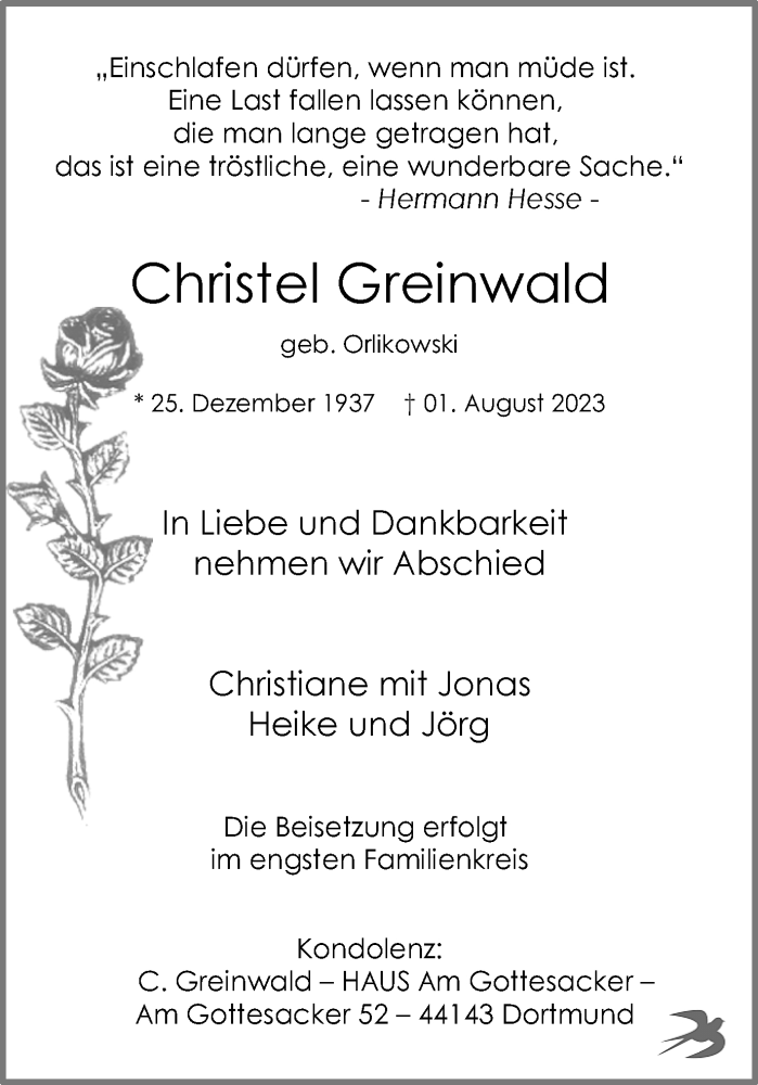 Traueranzeigen Von Christel Greinwald Sich Erinnern De