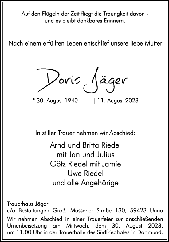 Traueranzeigen von Doris Jäger sich erinnern de