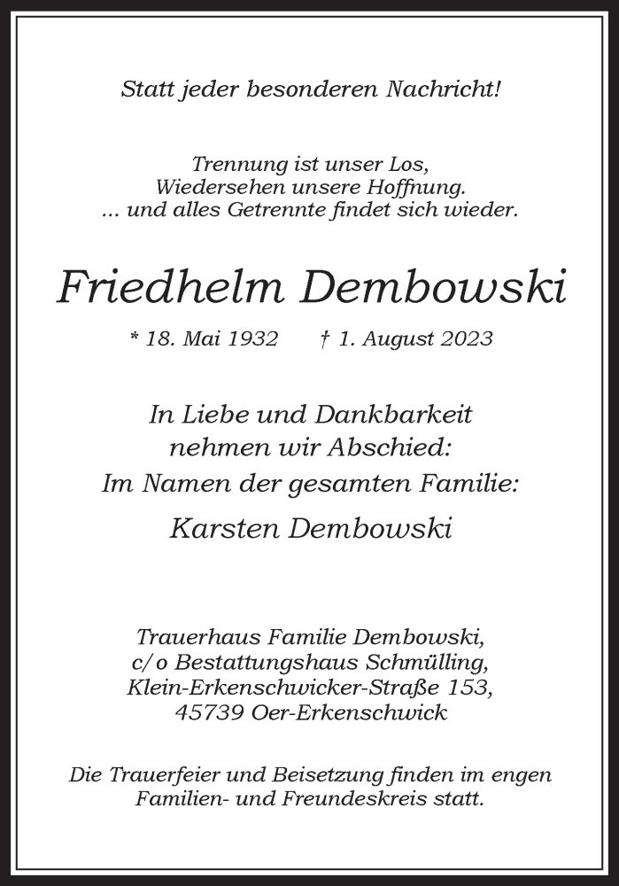 Traueranzeigen Von Friedhelm Dembowski Sich Erinnern De