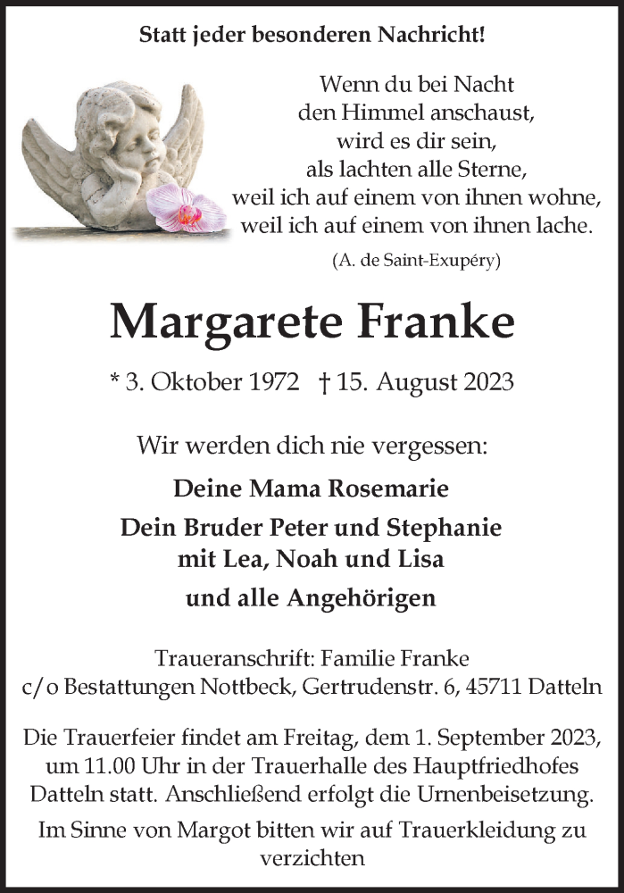 Traueranzeigen Von Margarete Franke Sich Erinnern De