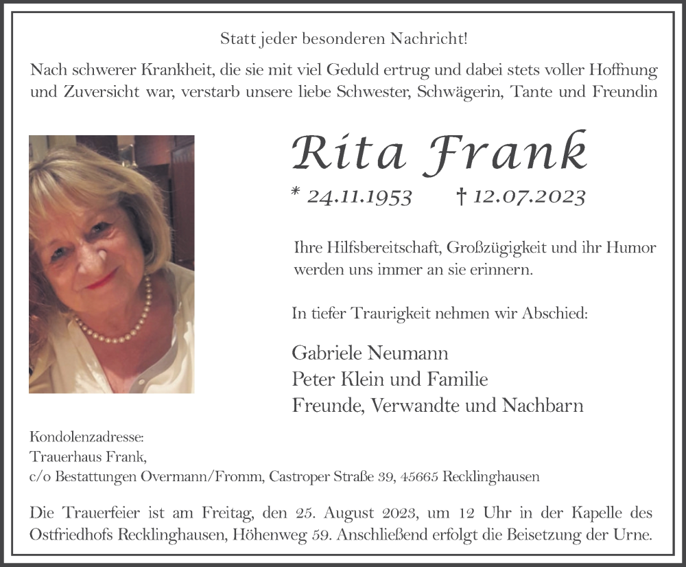 Traueranzeigen Von Rita Frank Sich Erinnern De