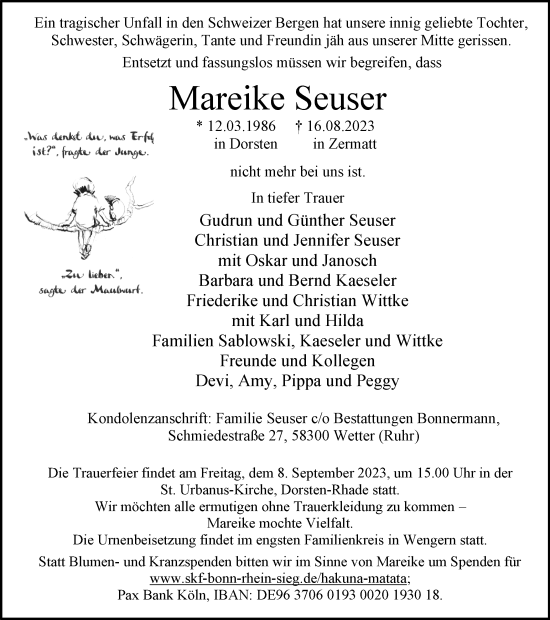 Traueranzeigen Von Mareike Seuser Sich Erinnern De