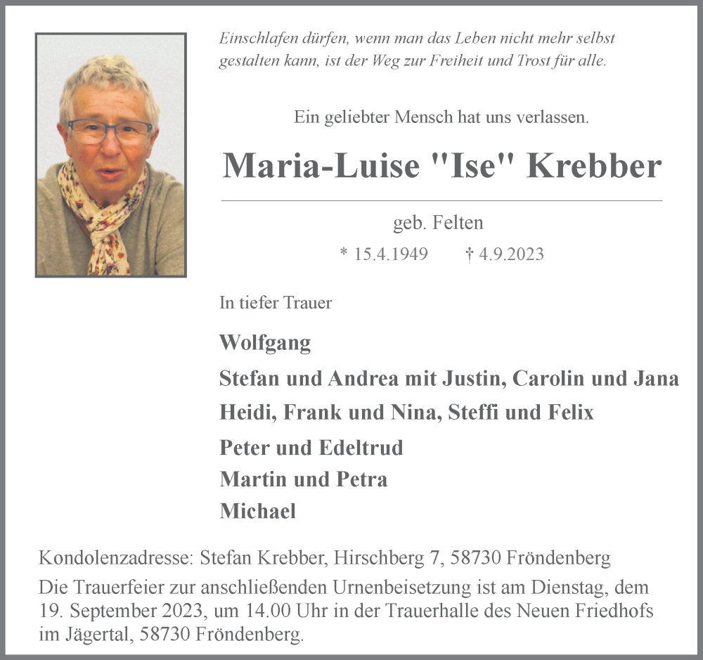 Traueranzeigen Von Maria Luise Krebber Sich Erinnern De