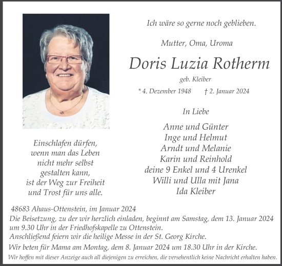 Traueranzeigen Von Doris Luzia Rotherm Sich Erinnern De