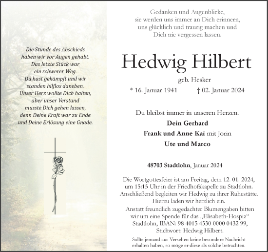 Traueranzeigen Von Hedwig Hilbert Sich Erinnern De