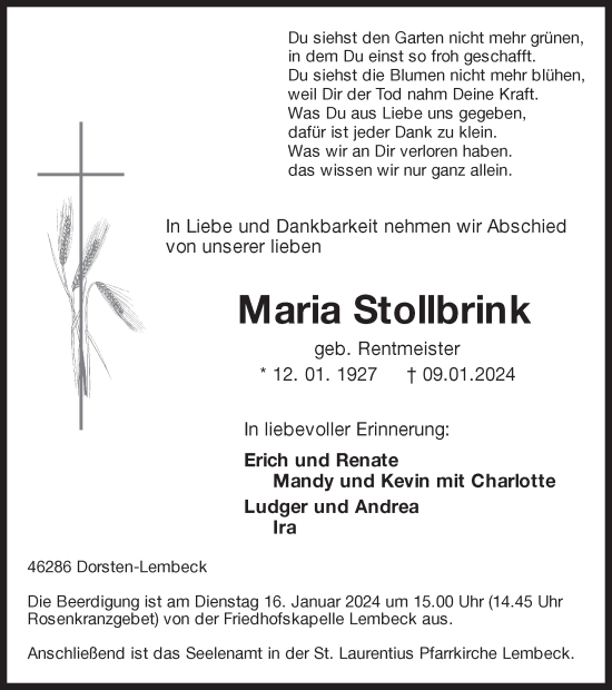 Traueranzeigen Von Maria Stollbrink Sich Erinnern De