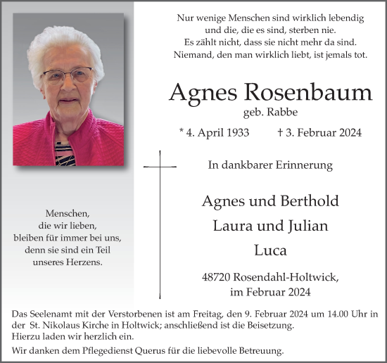 Traueranzeigen Von Agnes Rosenbaum Sich Erinnern De