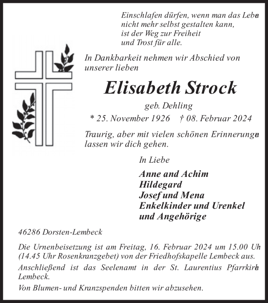 Traueranzeigen Von Elisabeth Strock Sich Erinnern De