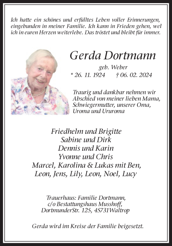 Traueranzeigen Von Gerda Dortmann Sich Erinnern De