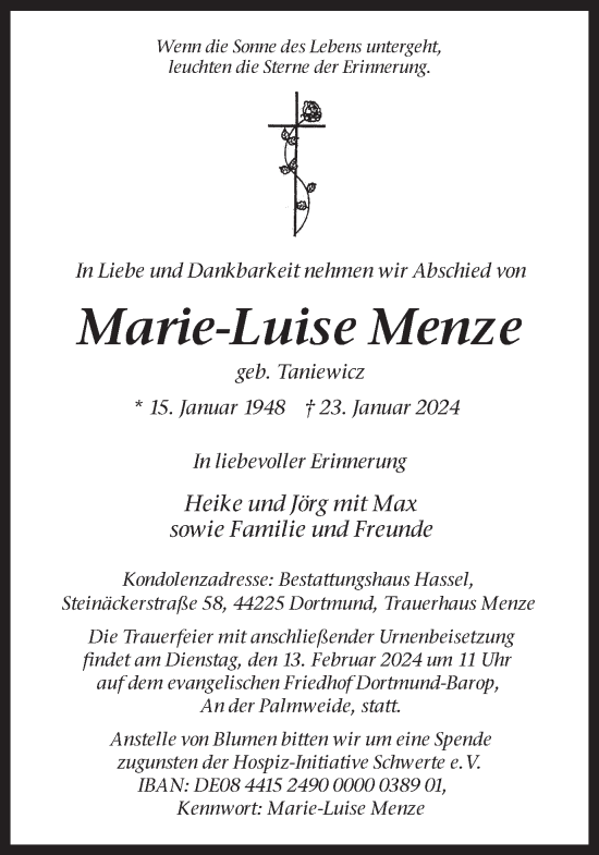 Traueranzeigen Von Marie Luise Menze Sich Erinnern De