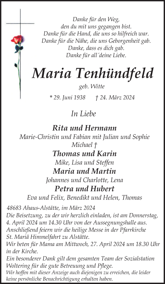 Traueranzeige von Maria Tenhündfeld von Münsterland Zeitung