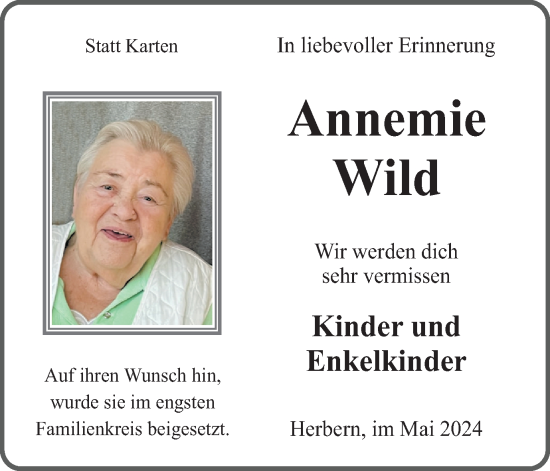 Traueranzeige von Annemie Wild von Ruhr Nachrichten
