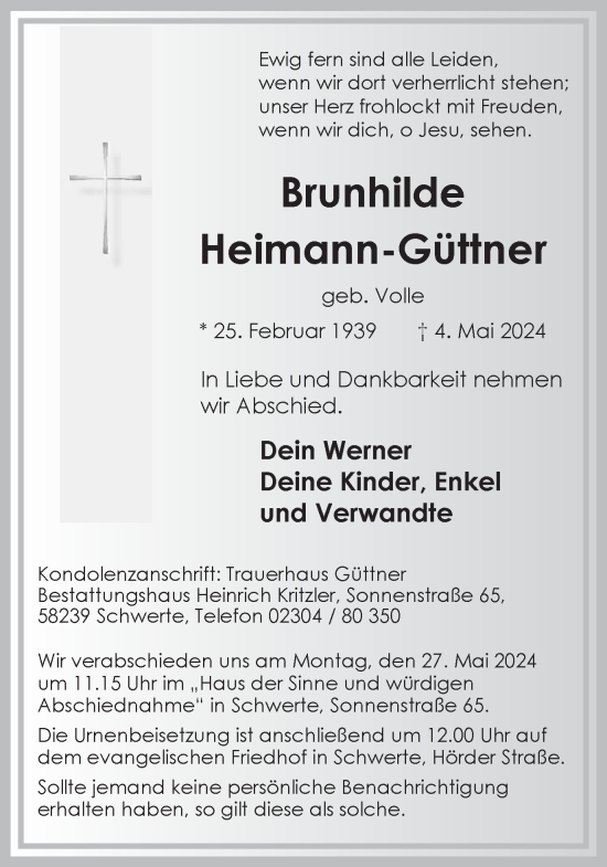 Traueranzeige von Brunhilde Heimann-Güttner von Ruhr Nachrichten