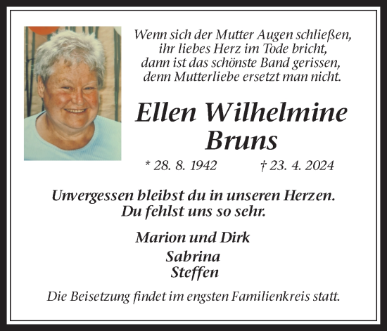 Traueranzeige von Ellen Wilhelmine Bruns von Medienhaus Bauer