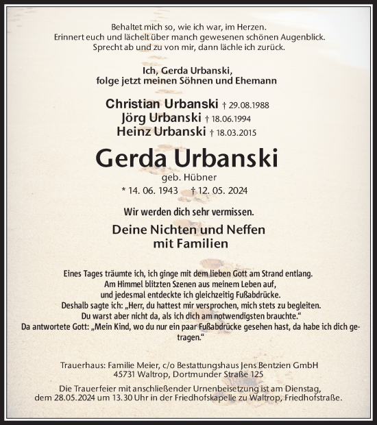 Traueranzeige von Gerda Urbanski von Ruhr Nachrichten
