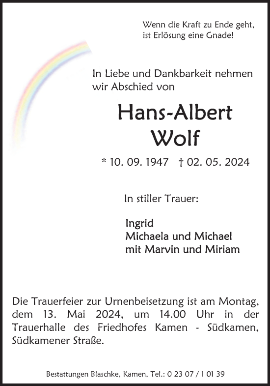 Traueranzeige von Hans-Albert Wolf von Hellweger Anzeiger