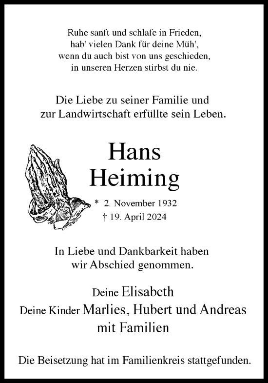Traueranzeige von Hans Heiming von Ruhr Nachrichten und Dorstener Zeitung